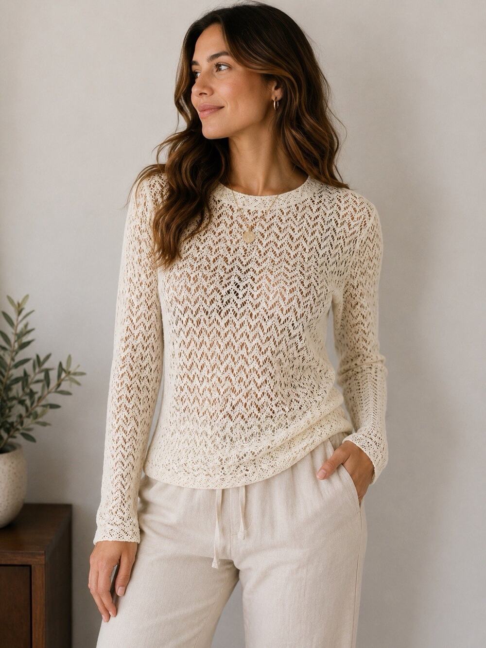 Le Lis Blanc Cream Open Knit Top Medium Long Sleeve Crochet Boho Coastal